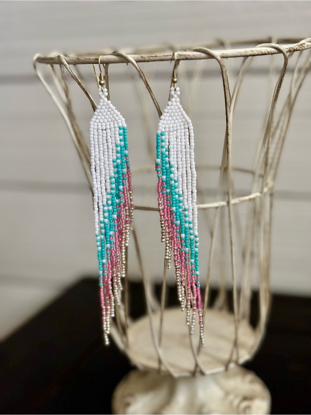 White Turquoise Pink Gold Long
Fringe Beaded Earrings Cowgirl Boho Festival Wear